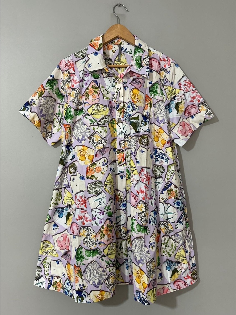 Anthropologie Cream Multicolor Floral Map-Print Short Shirt Dress - Picture 5 of 7